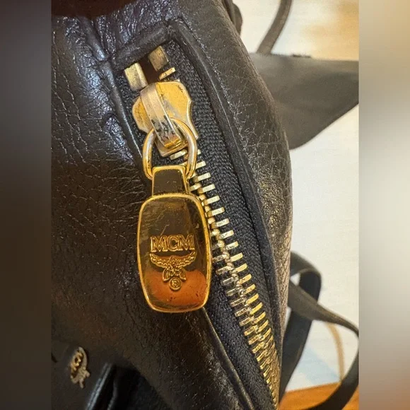 MCM Black Leather Backpack with Gold Accents and draw strings 12"x11" - Picture 5 of 16